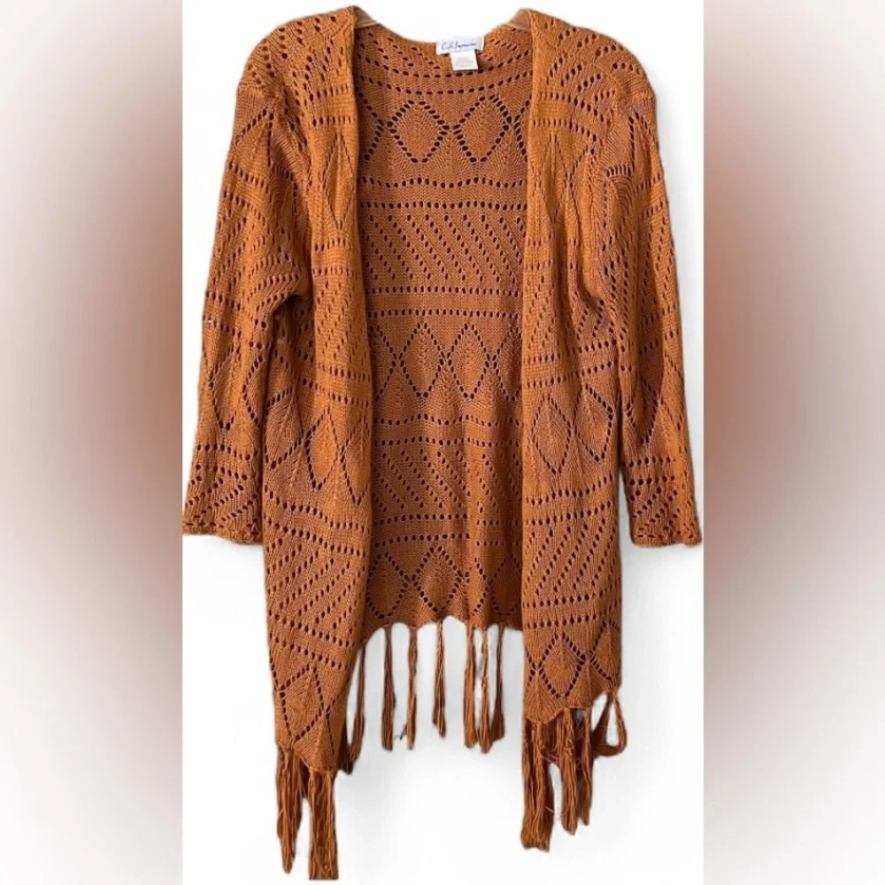 C.H. Impressions Rust Boho Open Knit Fringe Cardigan - Picture 2 of 4